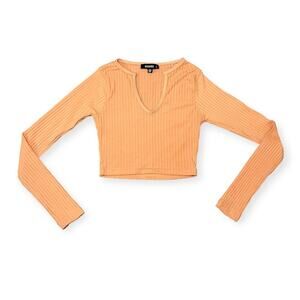 Missguided Pink Coral Ribbed V-neck Long Sleeves Crop Top Coquette Size 6